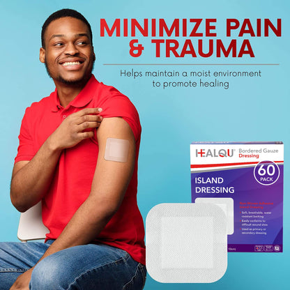 HEALQU Island Dressing - 4"x4", 30 Count - Bordered Gauze Sterile Individually Wrapped Gauze Pads, Water-Resistant, Non-Woven Backing - Soft and Breathable Wound Dressing for First Aid and Medical | Water-Resistant, Latex-Free, High Absorbent, Adhesive Bo