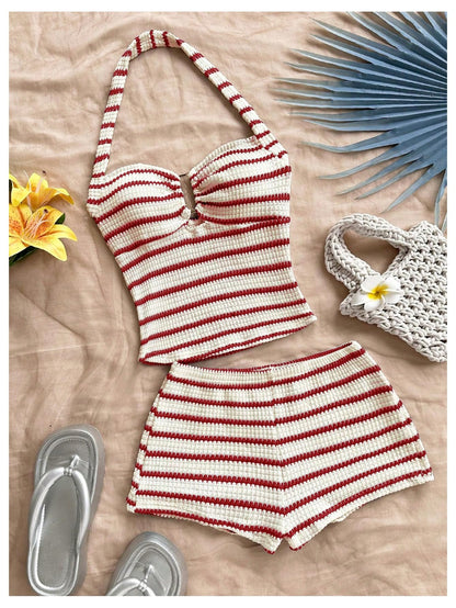 SOLY HUX Women's Summer 2 Piece Outfits Striped Crochet Halter Top Mini Shorts Set Beach Vacation Y2K Sets