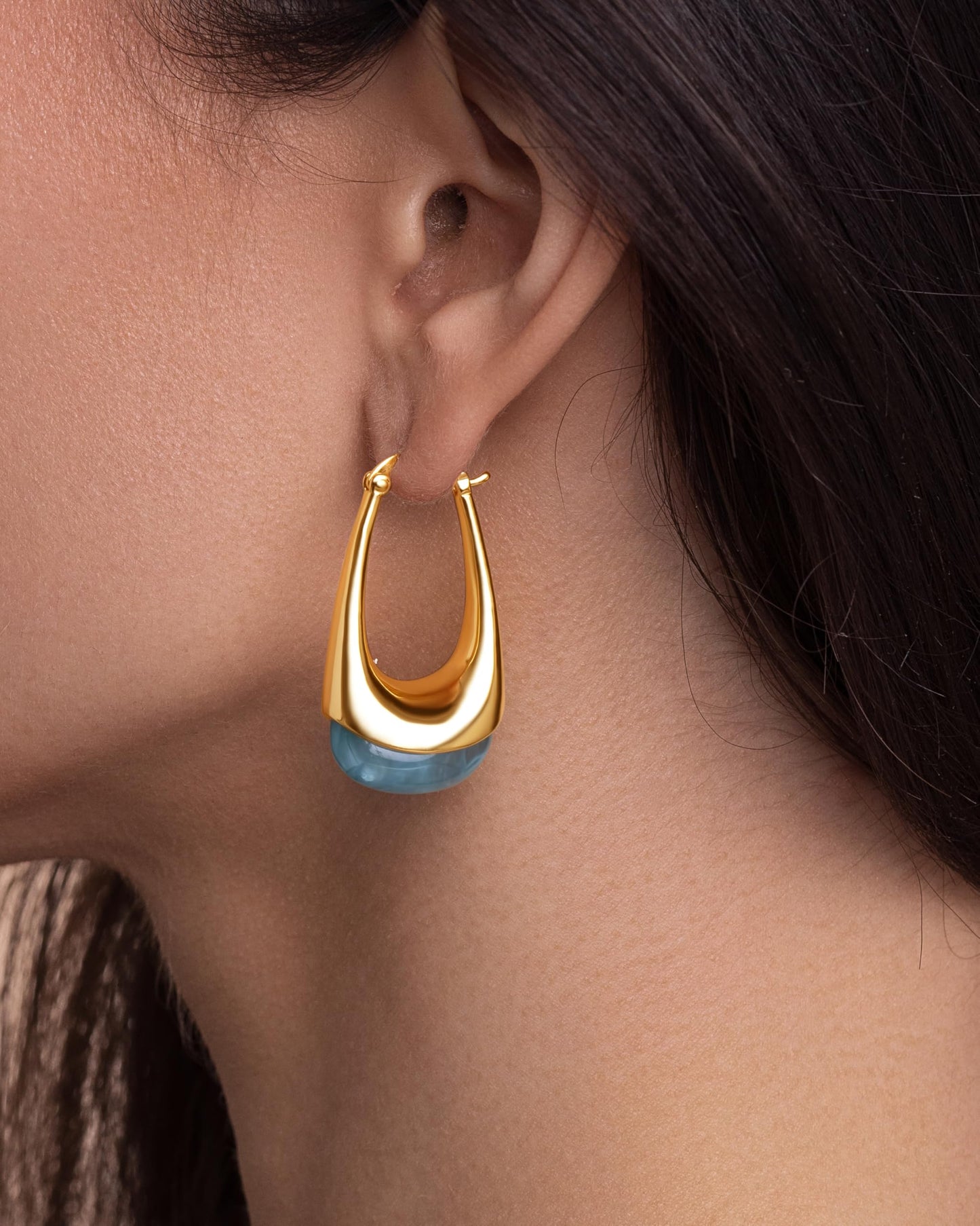 SNGIA Long Oval Chunky Dangle 18K Gold Plated Hoops with Colored Resin Gemstone Statement Earrings for Women, (Green, Brown, Light blue, Dark Blue), Bold Drop Handmade Exaggerated Irregular Trendy Bohemian Jewelry Gifts, Unique Dangling Teardrop Baroque S