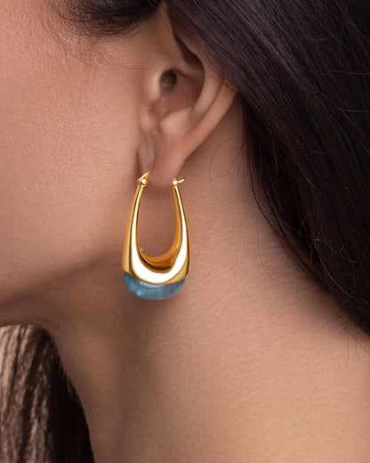 SNGIA Long Oval Chunky Dangle 18K Gold Plated Hoops with Colored Resin Gemstone Statement Earrings for Women, (Green, Brown, Light blue, Dark Blue), Bold Drop Handmade Exaggerated Irregular Trendy Bohemian Jewelry Gifts, Unique Dangling Teardrop Baroque S