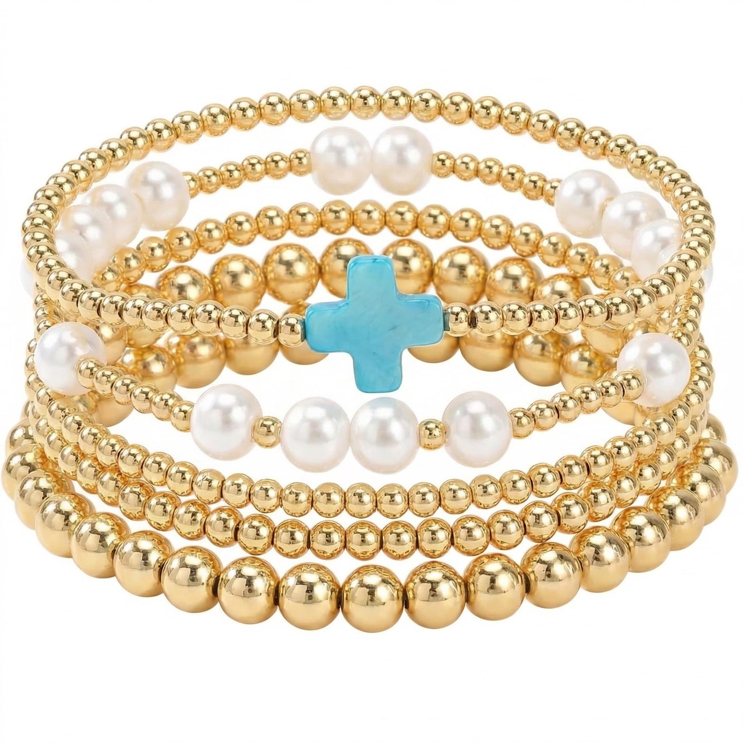 14K Gold Plated Pearl Beaded Cross Bracelets Stack Set for Women,Stretch Boho Colorful Christian Beads Ball Jewelry Friendship Summer Trendy Gift