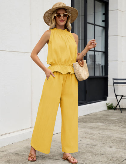 Tanming Women's Linen 2 Piece Outfits Sleeveless Ruffle Top Wide Leg Pants Summer Loungewear Beach Travel Sets