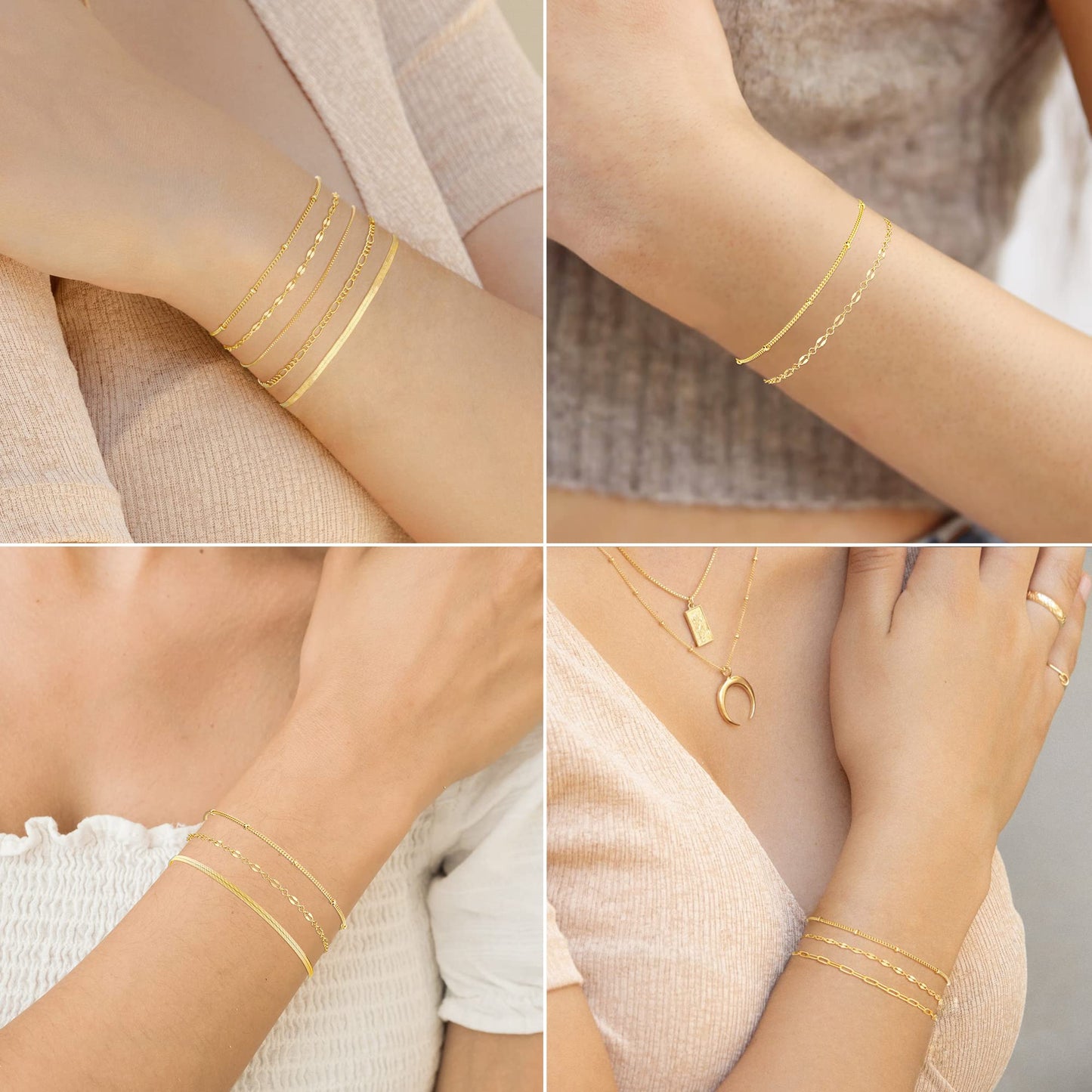 Dainty Simple Gold Bracelets for Women, Stackable Satellite Paperclip Lip Bracelet Set Tiny Lip Dot Chain Box Link for Handmade Gift Minimalist Cute Trendy Jewelry Gold Accessories for Women