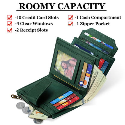 Airkit Small Wallet Women RFID Blocking Soft Leather Bifold Compact Card Holder Wallet for Women with Zipper Coin Pocket 4 ID Window