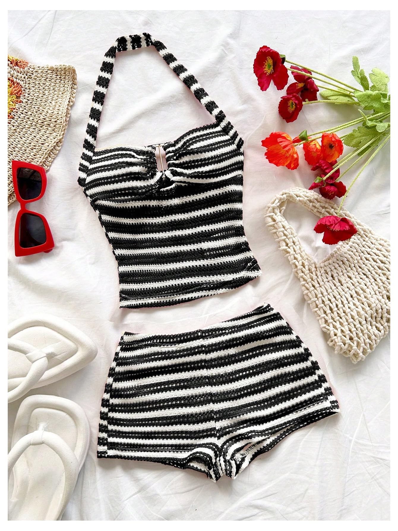 SOLY HUX Women's Summer 2 Piece Outfits Striped Crochet Halter Top Mini Shorts Set Beach Vacation Y2K Sets