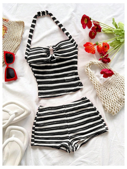 SOLY HUX Women's Summer 2 Piece Outfits Striped Crochet Halter Top Mini Shorts Set Beach Vacation Y2K Sets