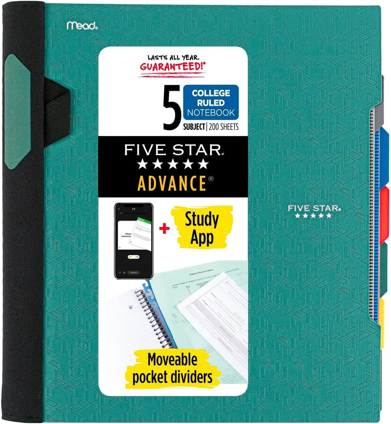 Five Star Advance Spiral Notebook + Study App, 5 Subject, College Ruled Paper, 8-1/2" x 11", 200 Sheets, Spiral Guard, Movable Tabbed Dividers, Black (73144)