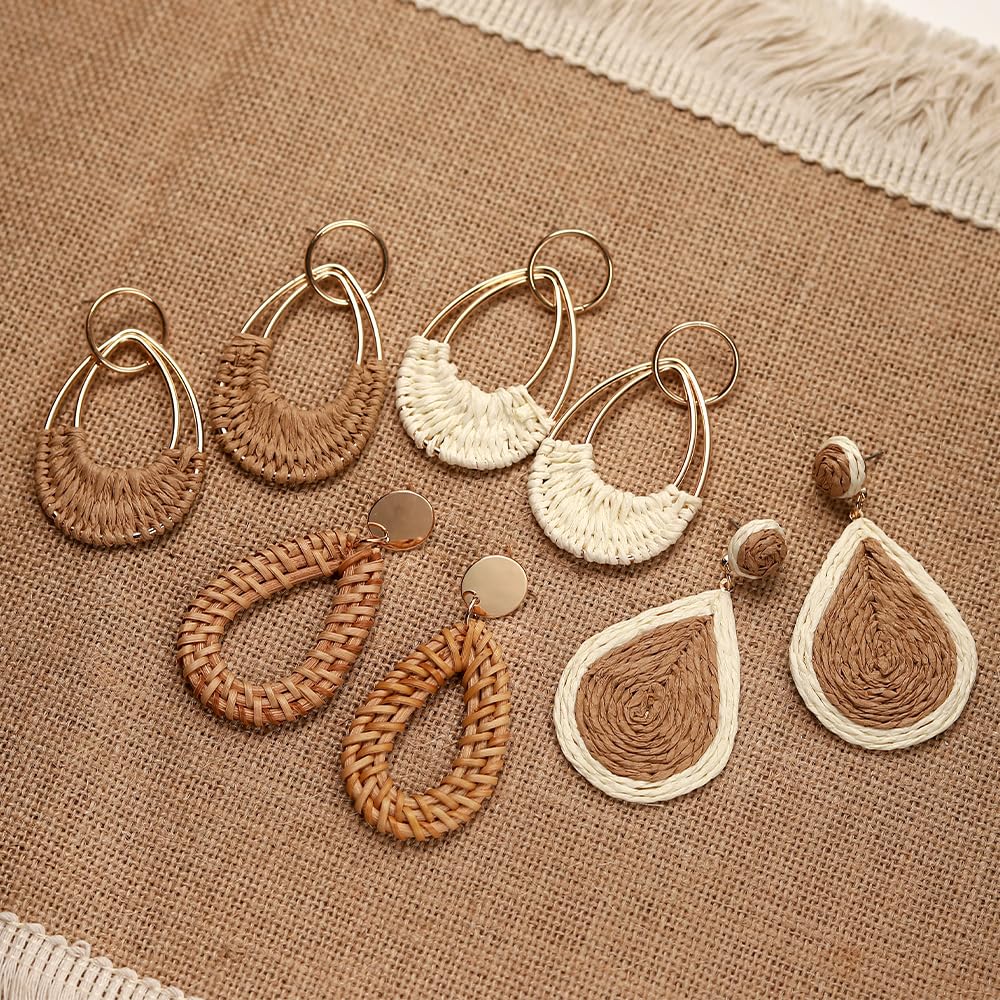 4 Pairs Handmade Raffia Rattan Bohemian Round Drop Dangle Earrings for Women, Boho Statement Cute Fun Hoop Earrings Set