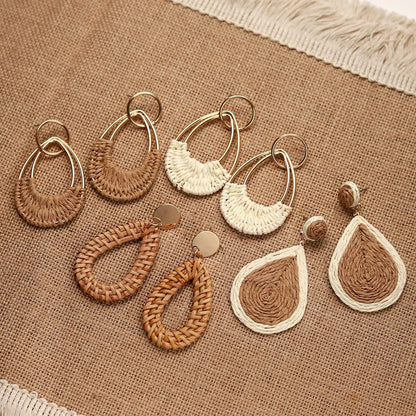 4 Pairs Handmade Raffia Rattan Bohemian Round Drop Dangle Earrings for Women, Boho Statement Cute Fun Hoop Earrings Set