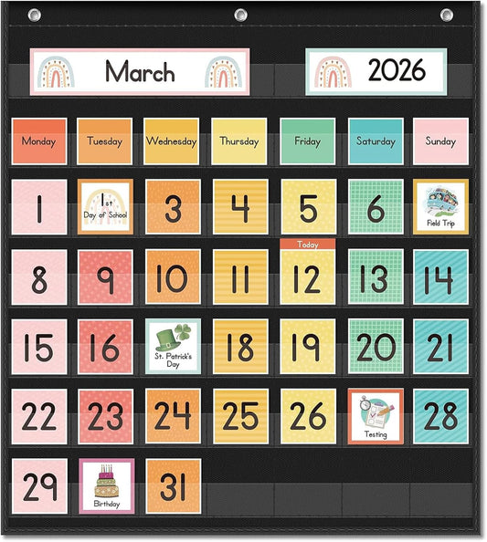 Eamay Rainbow Colorful Calendar Pocket Chart for Kids,Preschool Kindergarten Classroom Elementary Must Haves,Classroom Decorations Decor,Homeschool Teacher Supplies,Back to School Supplies