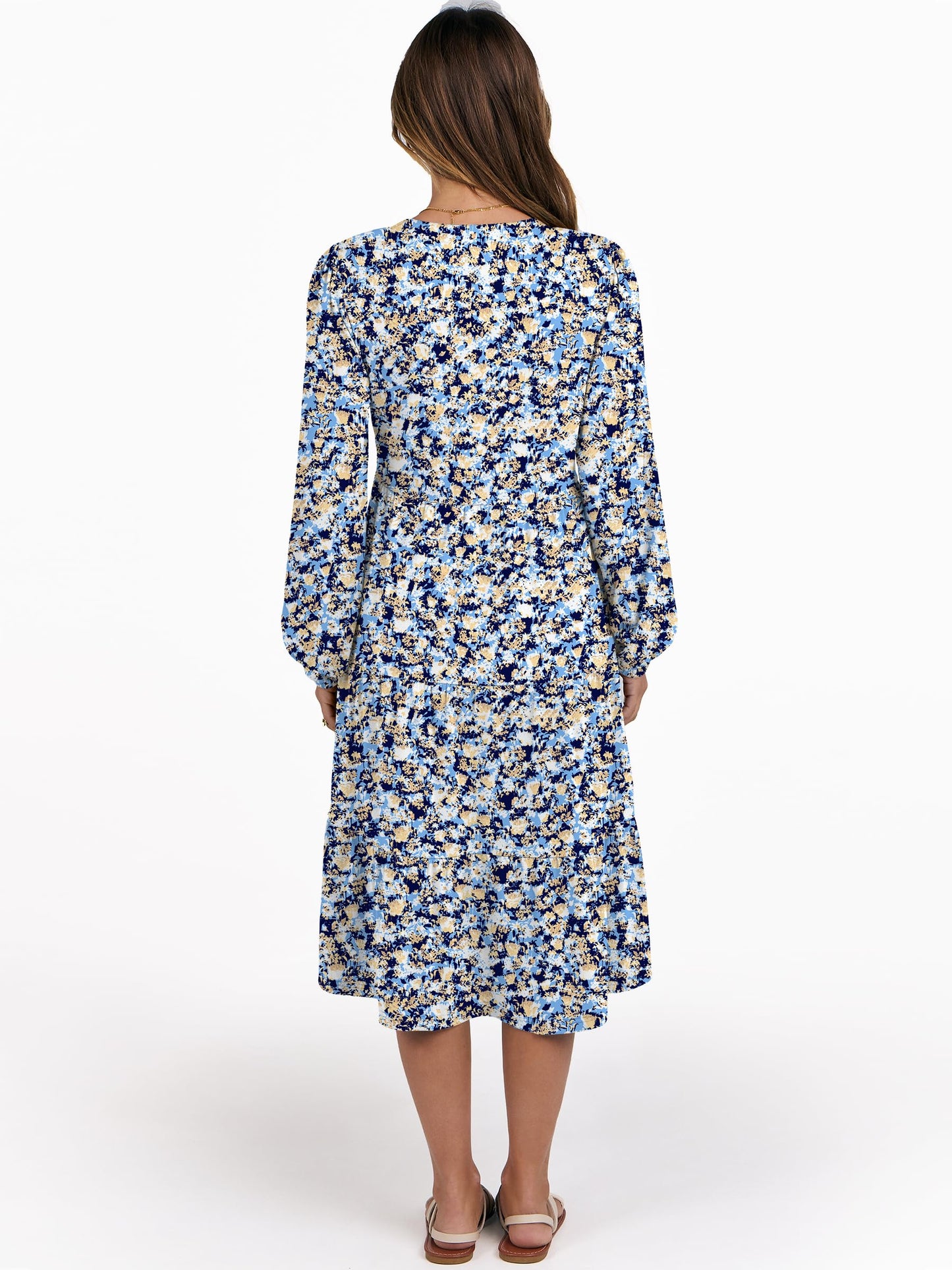 ANRABESS Womens V Neck Long Sleeve Midi Dress | Swing Flowy Tiered with Pockets, Soft Fabric, Boho Beach Vacation Dresses, Loose Fit Casual, Fall Winter Transition Clothes