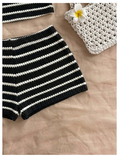 SOLY HUX Women's Summer 2 Piece Outfits Striped Crochet Halter Top Mini Shorts Set Beach Vacation Y2K Sets