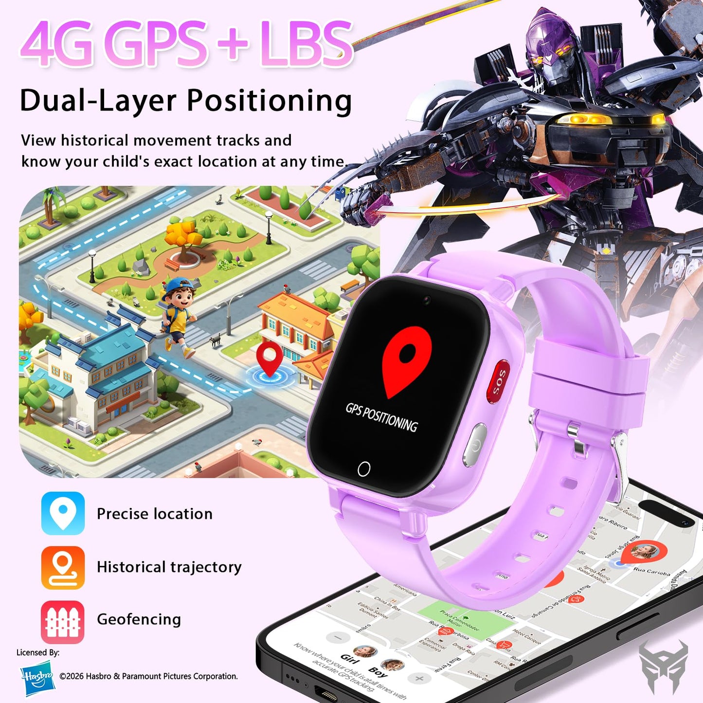 Transformers 4G Kids Smart Watch Phone, GPS, Video Call, Waterproof - Pink | Smartwatch for Boys Girls Ages 4-12, Class Mode, SOS, Camera, Alarm, Touch Screen, Gifts with Bonus Woven Strap & SIM Card