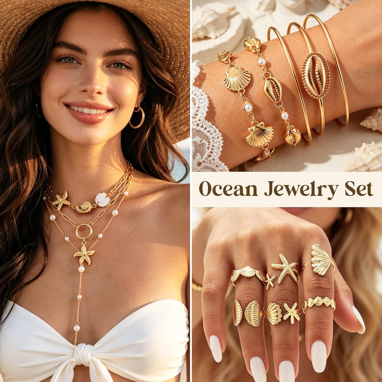 33 Pcs Seashell Starfish Jewelry Set for Women Gold | Layered Beachy Necklace Stackable Pearl Starfish Shell Bracelets Rings Earrings Set Beach Vacation Accessories
