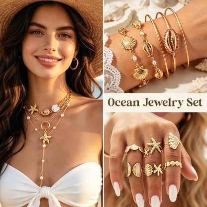 33 Pcs Seashell Starfish Jewelry Set for Women Gold | Layered Beachy Necklace Stackable Pearl Starfish Shell Bracelets Rings Earrings Set Beach Vacation Accessories