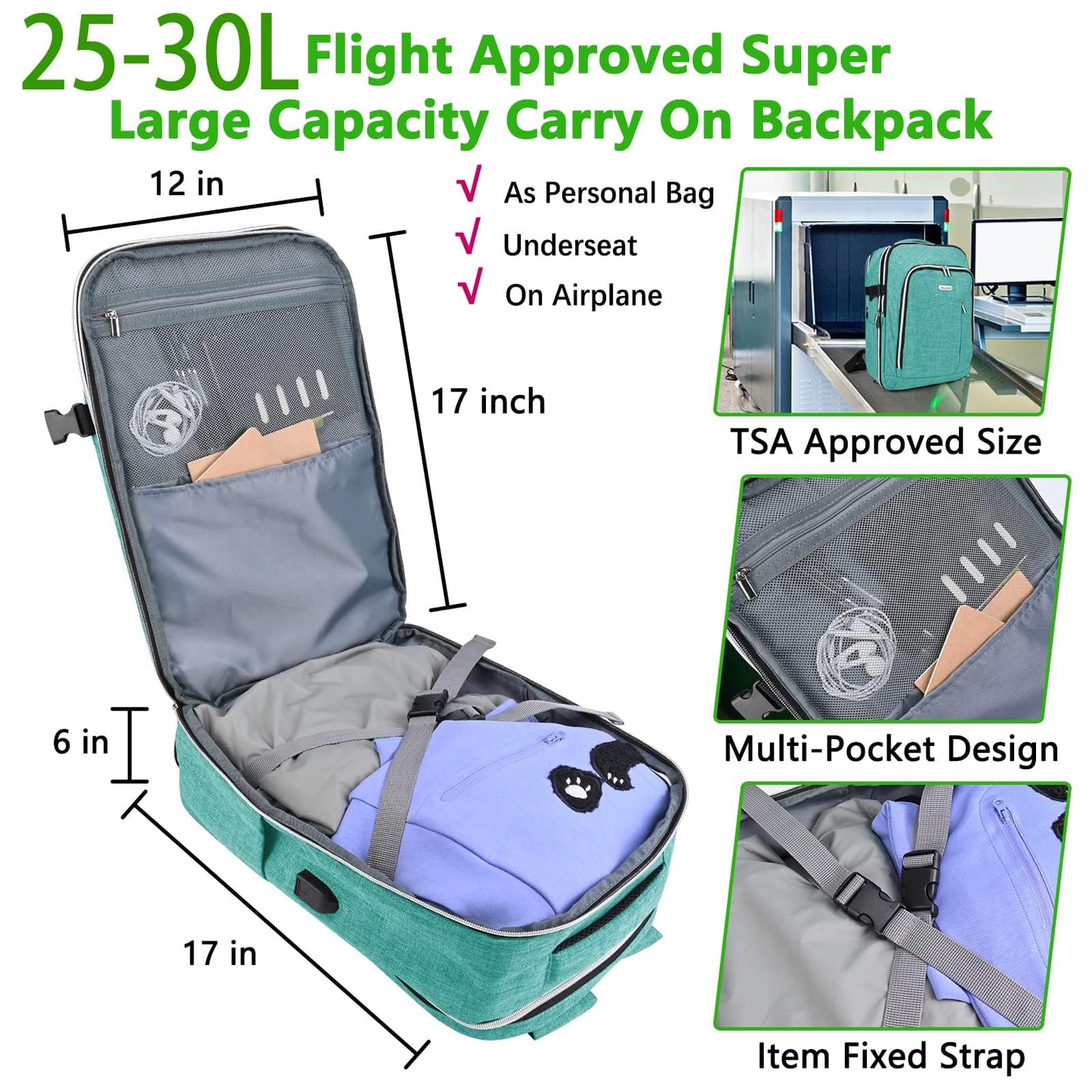 Travel Carry On 17.5" Laptop Expandable Backpack for Men Women, Personal Item Bag Waterproof Airline Approved with USB Charging Hole 3 Packing Cubes, Large Weekender Daypack Business Luggage Suitcase