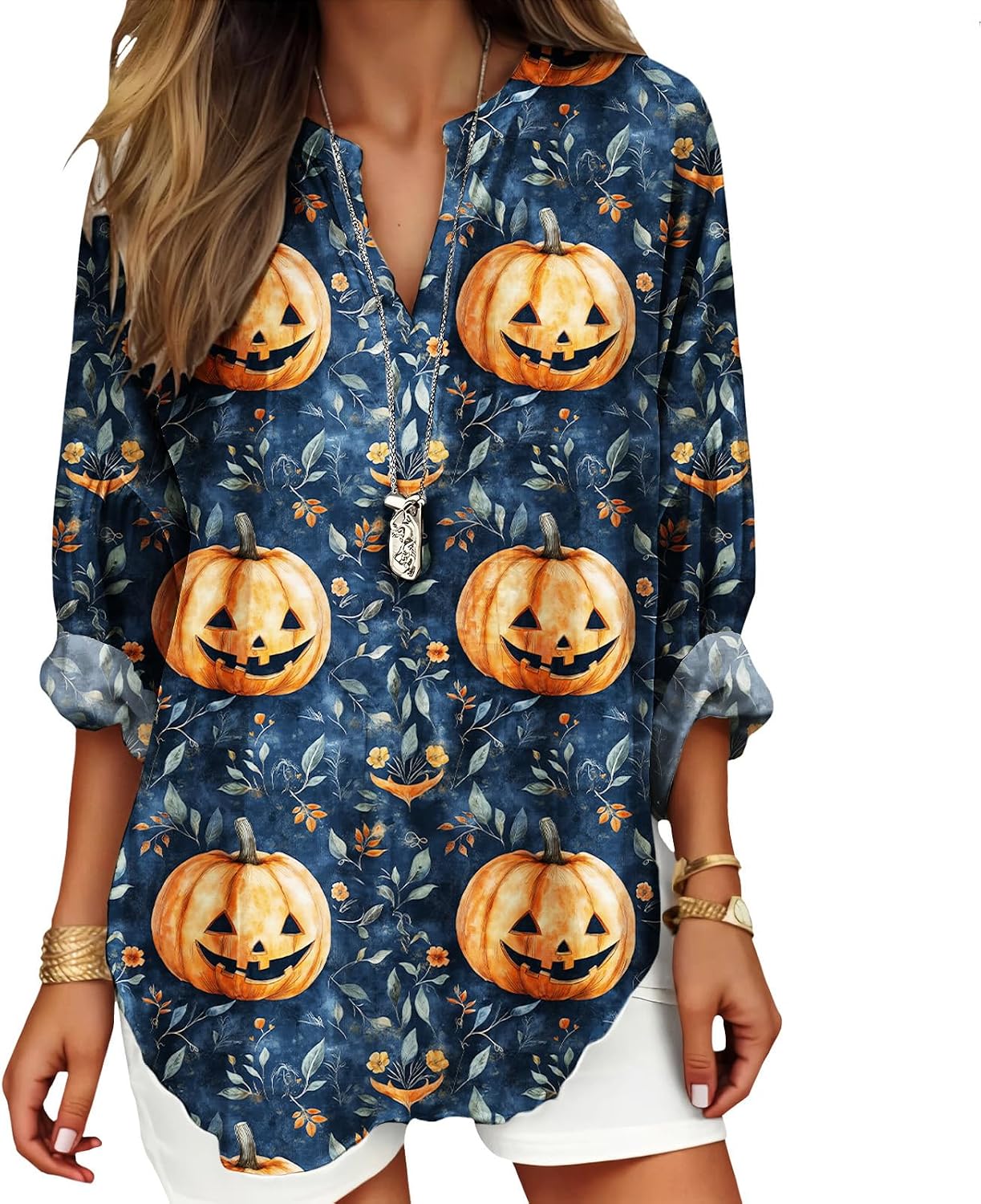Womens Bohemian Print Tunic Top Cotton Blend V Neck Long Sleeve Loose Fit Casual Blouse for Summer Beach Vacation