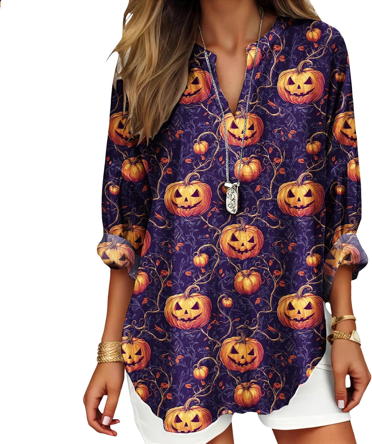 Womens Bohemian Print Tunic Top Cotton Blend V Neck Long Sleeve Loose Fit Casual Blouse for Summer Beach Vacation