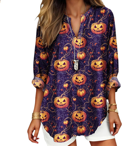 Womens Bohemian Print Tunic Top Cotton Blend V Neck Long Sleeve Loose Fit Casual Blouse for Summer Beach Vacation