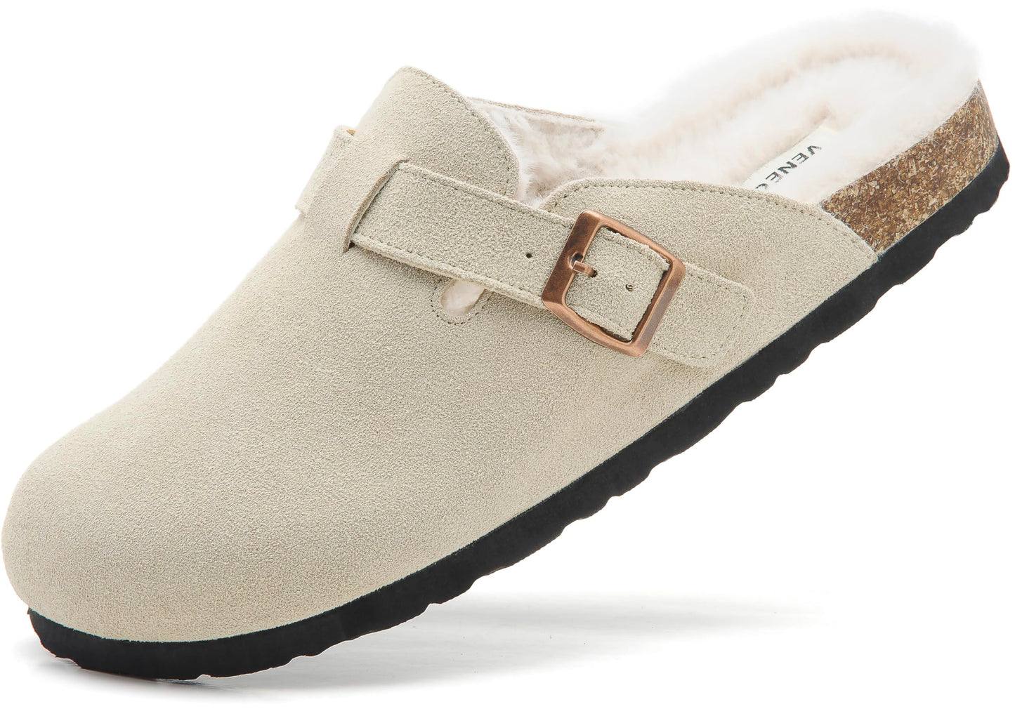 Erica Women's Cork Footbed Clogs Genuine Soft Suede Fuzzy Faux Fur Lined Comfort Cushioned Mule Slide Shoes