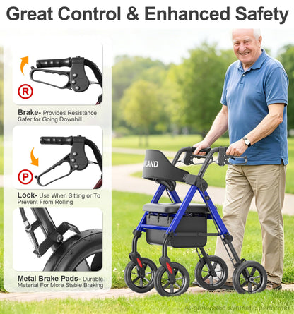 HOMLAND Walkers for Seniors with Seat, Foldable Rollator Walker, Reinforced Aluminum Frame, 8" Big Rubber Wheels for All Terrain, Height Adjustable Lightweight Rolling Walker