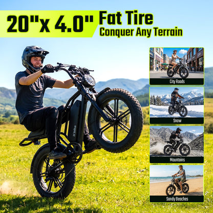 Electric Bike for Adults, Peak 1500W Motor Retro E Bike, Range 65/120Miles, 48V 15Ah Removable Battery, 20"x4" Fat Tires, Full Suspension, APP Control, Off-Road Ebike for City Commuting