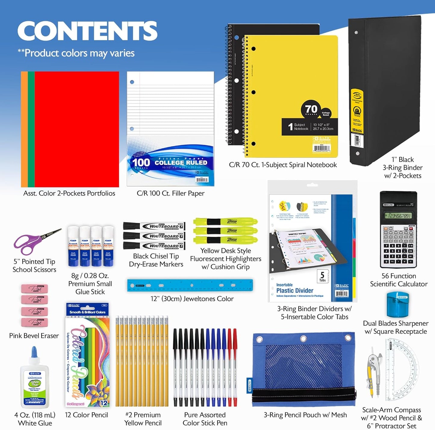 BAZIC PRODUCTS 65-Piece Middle & High School Kit, Math & Geometry, 65-Case | bundles writing, geometry tools in