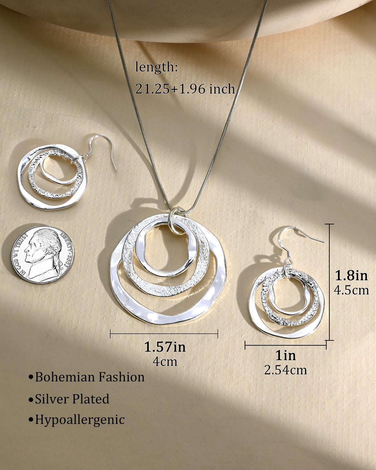 Hypoallergenic Silver Circle & Dangle Earrings and Necklace Set for Women Geometric Boho Style Hoop Jewelry for Women-Lightweight & Dangling-Gift for Bohemian Fashionistas