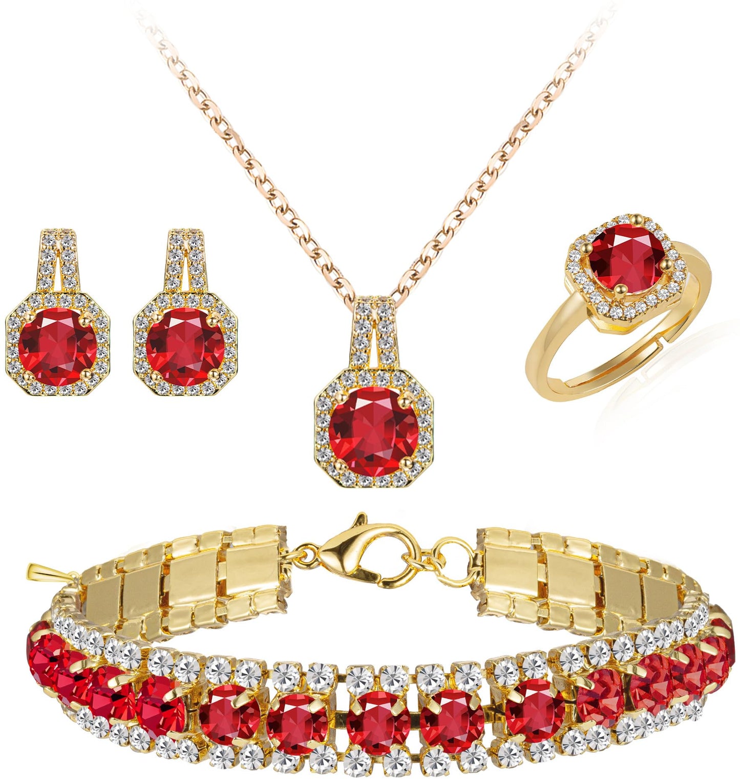 Paxuan 4pcs Cubic Zirconia Wedding Jewelry Sets for Bride Bridesmaid Cubic Zirconia Pendant Necklace Earrings Link Tennis Bracelet Open Ring Set for Women