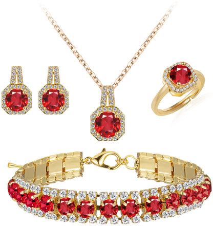 Paxuan 4pcs Cubic Zirconia Wedding Jewelry Sets for Bride Bridesmaid Cubic Zirconia Pendant Necklace Earrings Link Tennis Bracelet Open Ring Set for Women