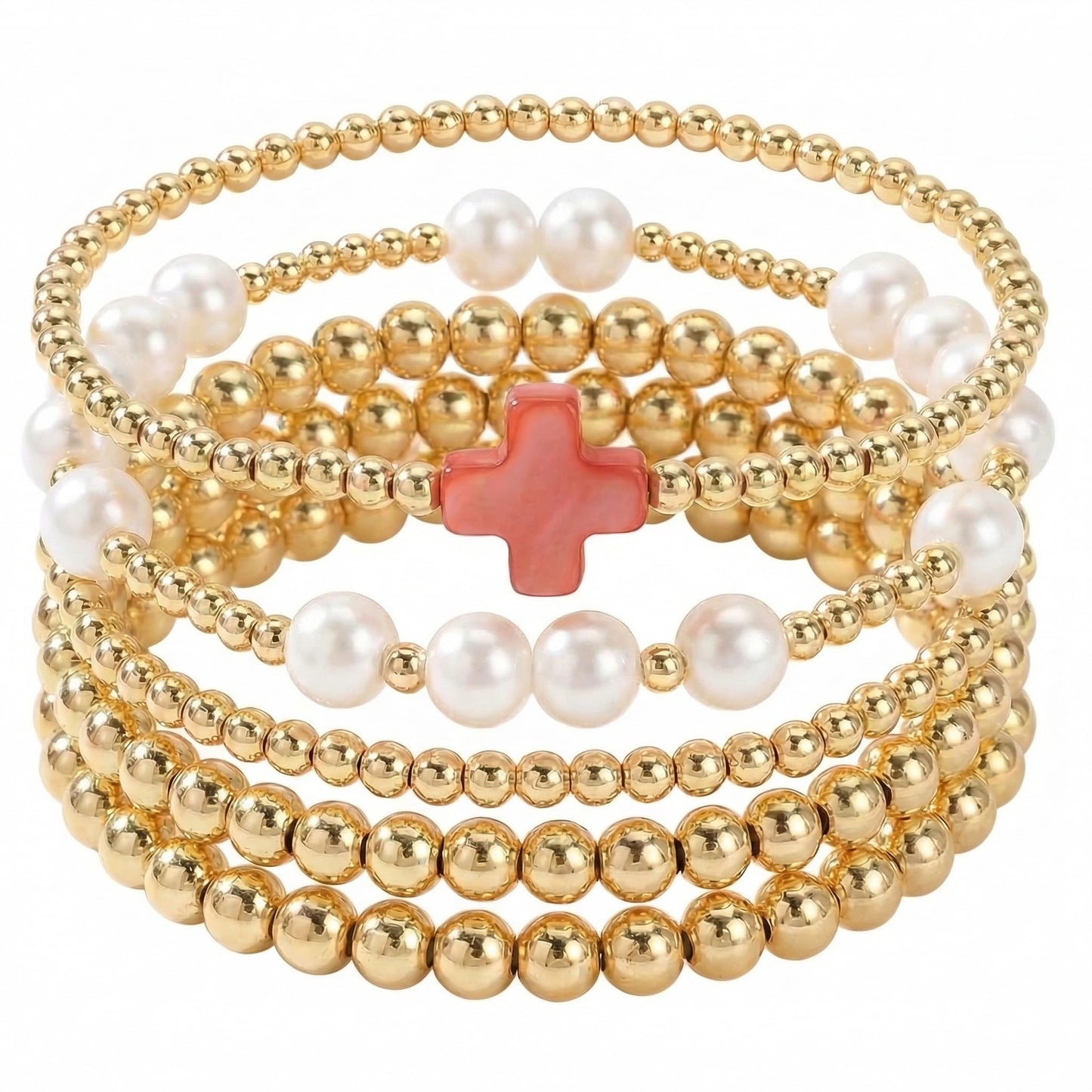 14K Gold Plated Pearl Beaded Cross Bracelets Stack Set for Women,Stretch Boho Colorful Christian Beads Ball Jewelry Friendship Summer Trendy Gift