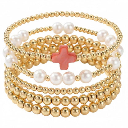 14K Gold Plated Pearl Beaded Cross Bracelets Stack Set for Women,Stretch Boho Colorful Christian Beads Ball Jewelry Friendship Summer Trendy Gift