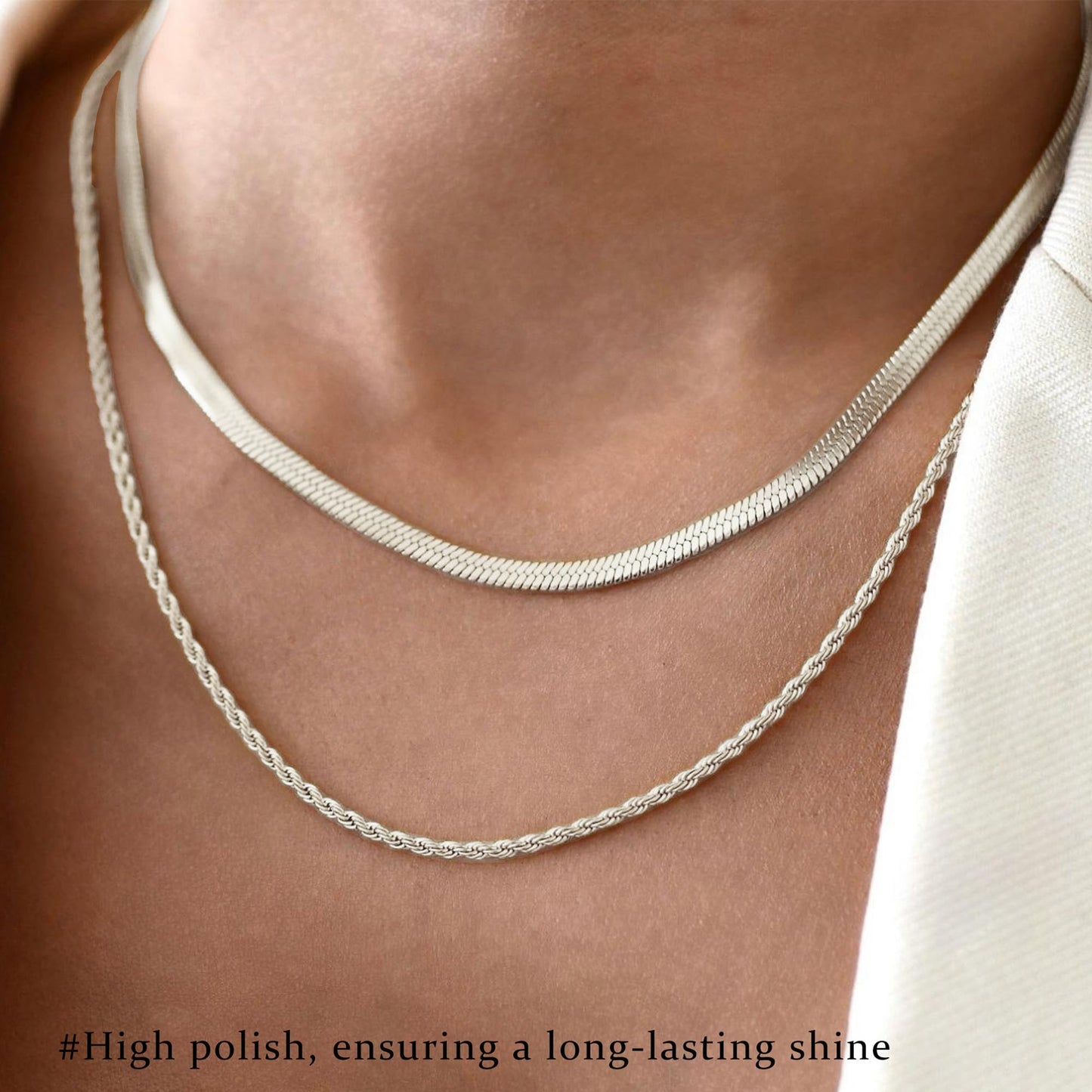 3PCS Gold Necklaces for Women,Chunky Statement Gold Plated Necklace Stack Layered Sterling Silver Herringbone Chains for Women Dainty Trendy Silver Chains Stacked Jewelry Gifts