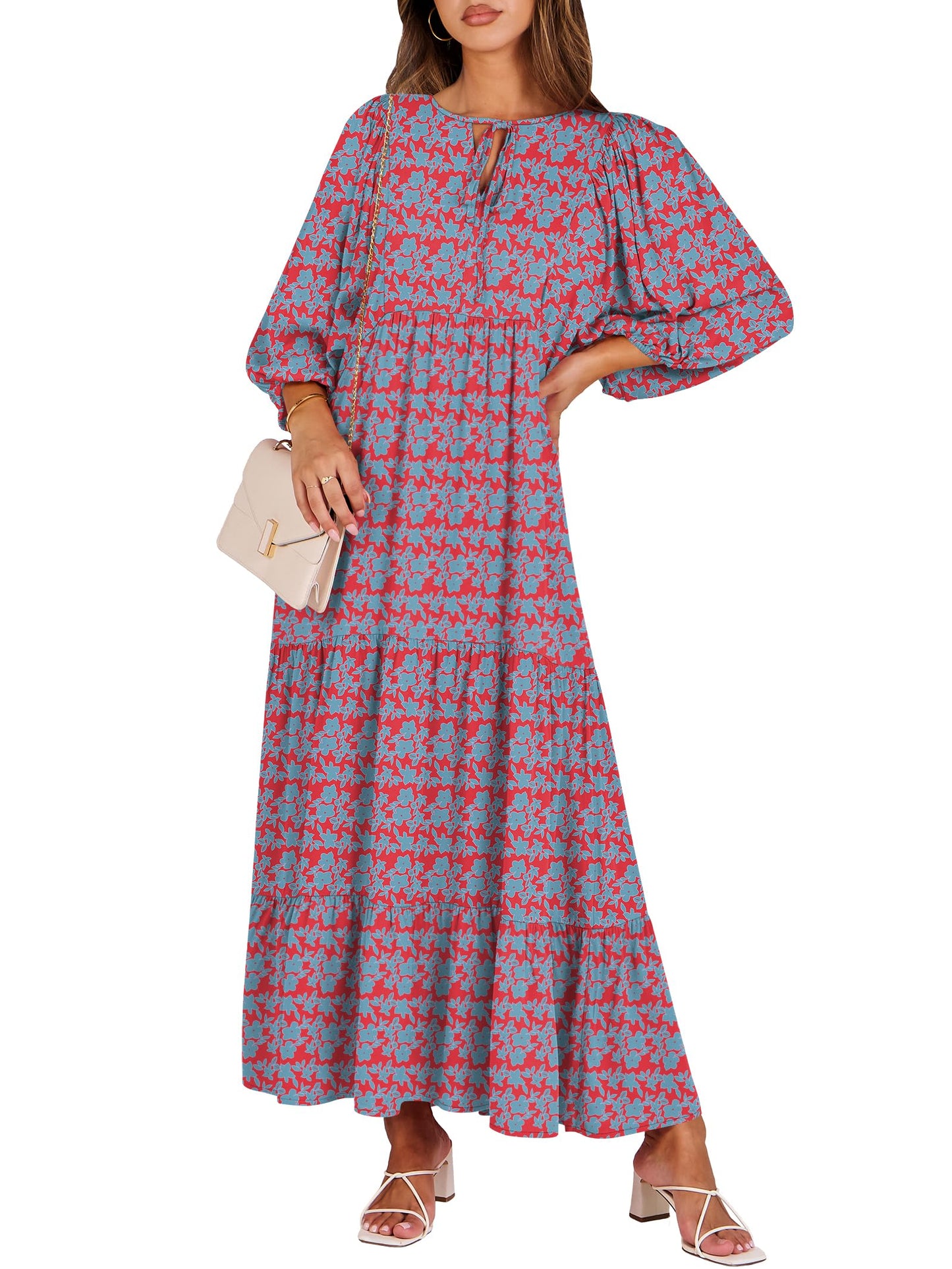 ANRABESS Womens Boho Floral 3/4 Puff Sleeve Maxi Dress | Tiered Flowy Loose Fit, Comfy Soft Rayon Fabric, Wedding Guest Church Beach, Modest Elegant, Spring Summer Fall Outfits