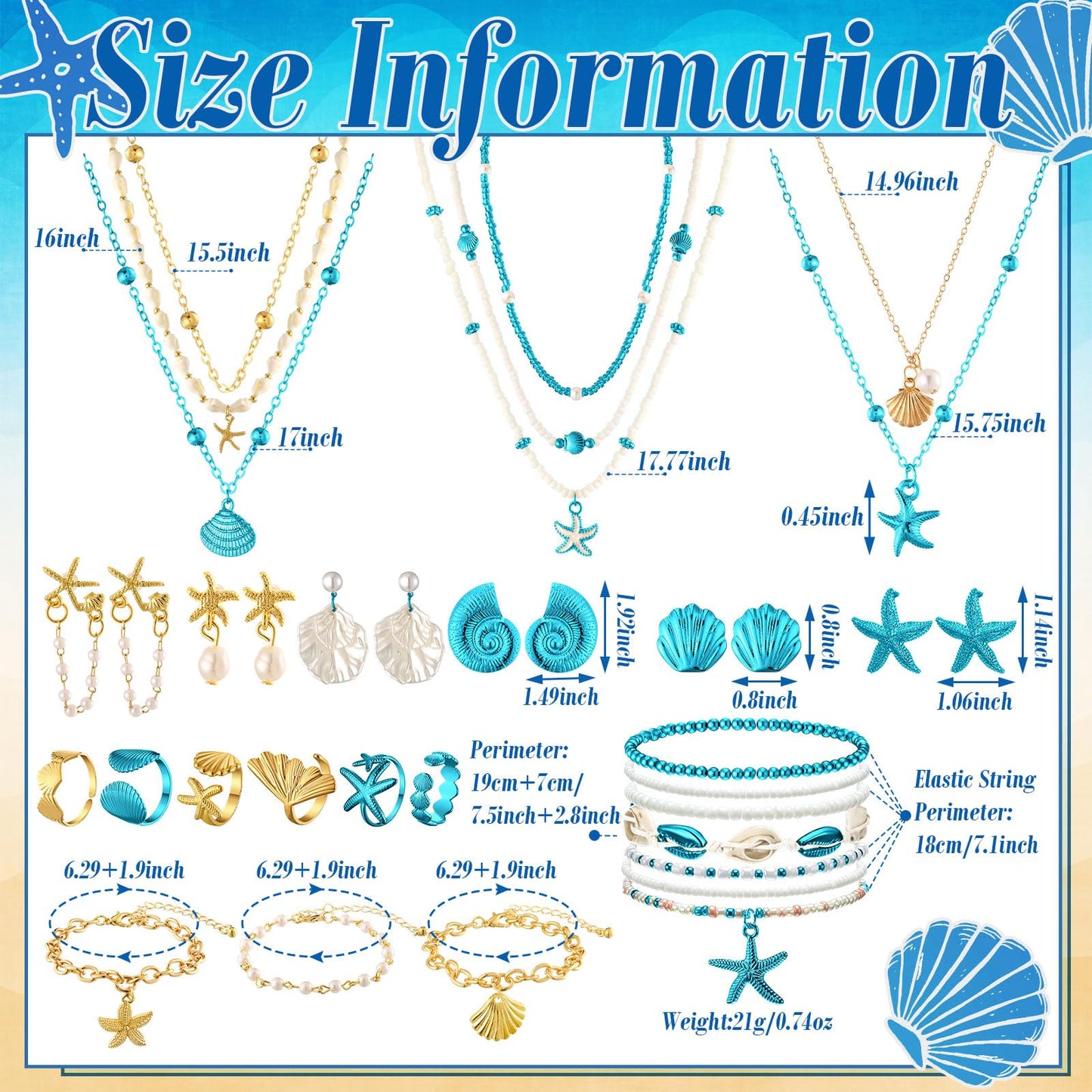 Tondiamo 23 Pcs Seashell Starfish Jewelry Set Boho Summer Beach Mermaid Accessories Layered Charm Necklace Earrings Studs Bracelets Rings for Women Holiday Vacation Wedding Party Gift