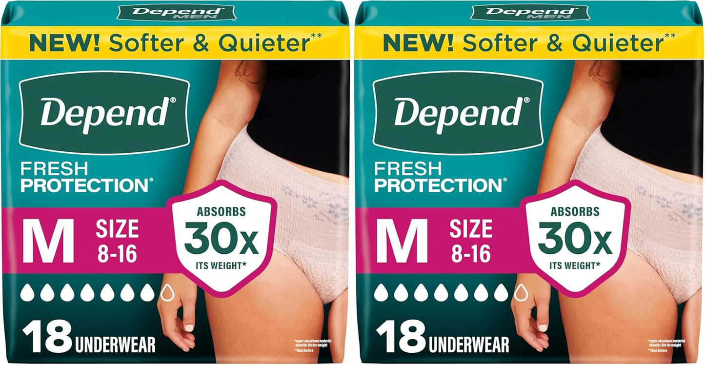 Depend Fresh Protection Adult Diapers, Incontinence Underwear for Women, Disposable, Maximum, XXL, Blush, 44 Count (2 Packs of 22), Packaging May Vary