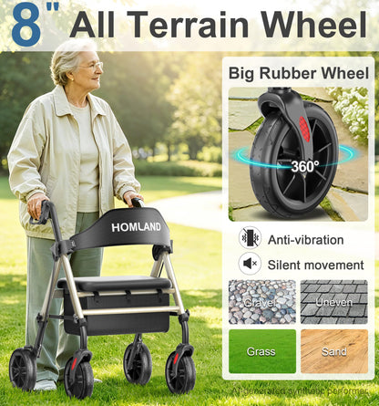 HOMLAND Walkers for Seniors with Seat, Foldable Rollator Walker, Reinforced Aluminum Frame, 8" Big Rubber Wheels for All Terrain, Height Adjustable Lightweight Rolling Walker