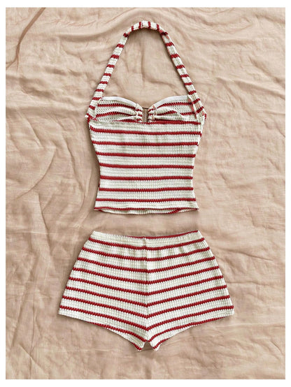 SOLY HUX Women's Summer 2 Piece Outfits Striped Crochet Halter Top Mini Shorts Set Beach Vacation Y2K Sets