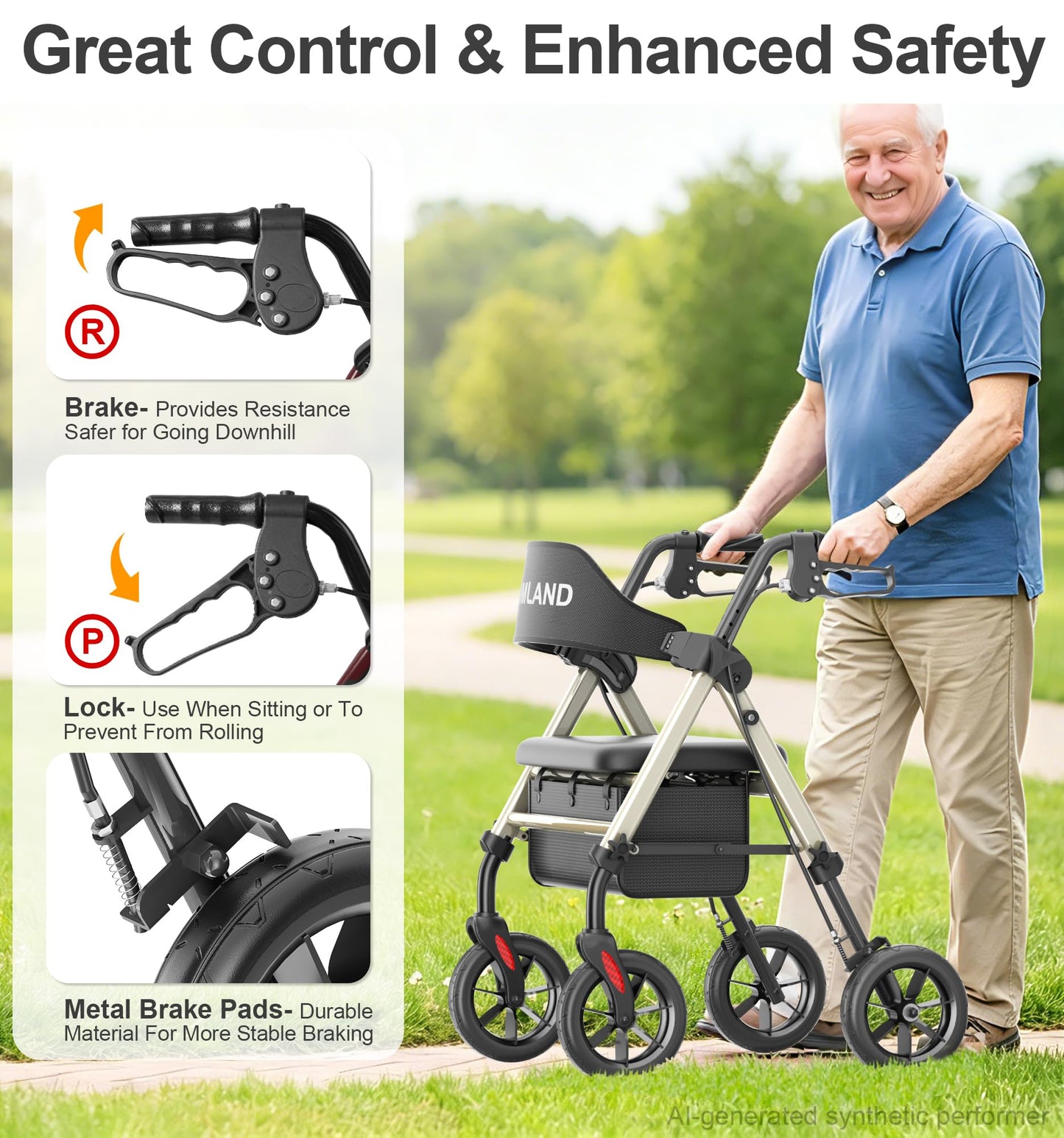 HOMLAND Walkers for Seniors with Seat, Foldable Rollator Walker, Reinforced Aluminum Frame, 8" Big Rubber Wheels for All Terrain, Height Adjustable Lightweight Rolling Walker