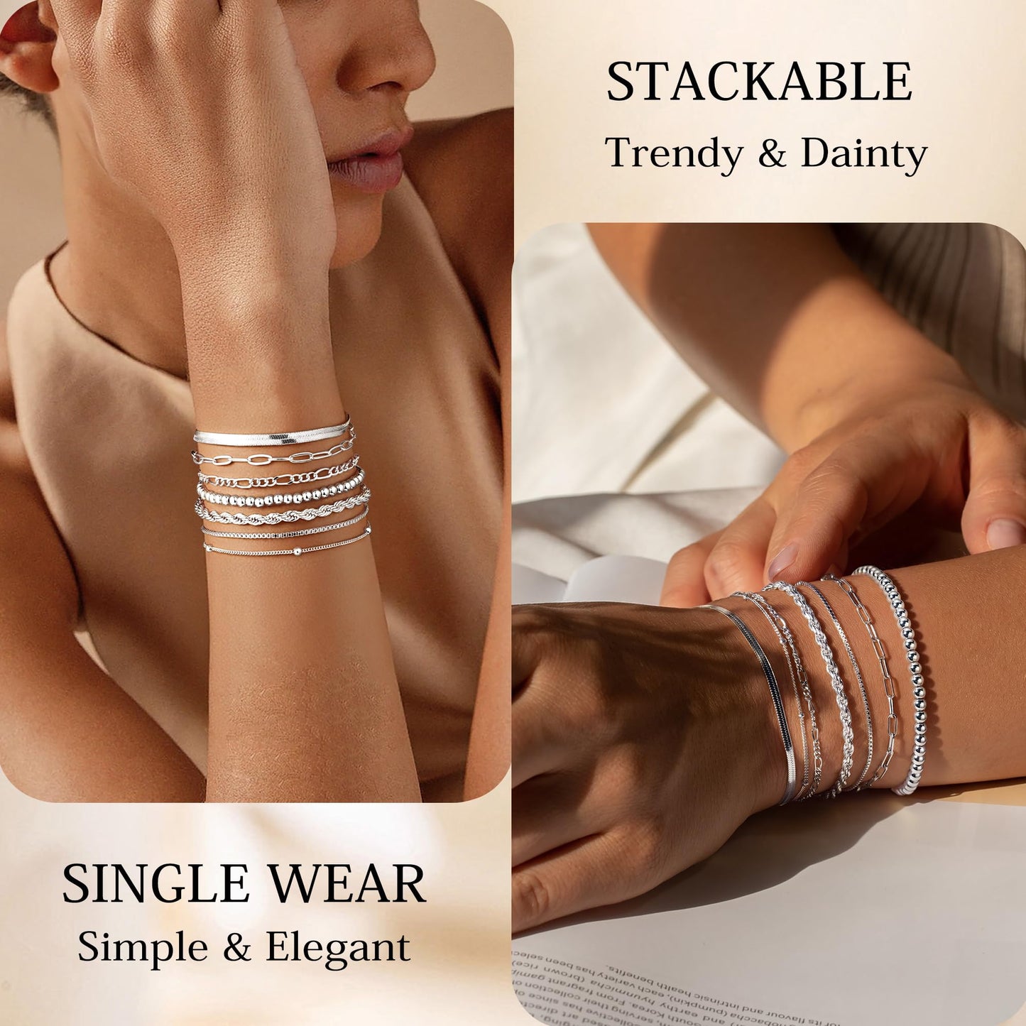 M MOOHAM 7PCS Gold Bracelets for Women, 14K Gold Plated Beaded Bracelet Set | Rope Paperclip Chain Stackable Bracelet, Non Tarnish Bracelet Stack, Friendship Birthday Jewelry, Gifts for Women Teen Girls