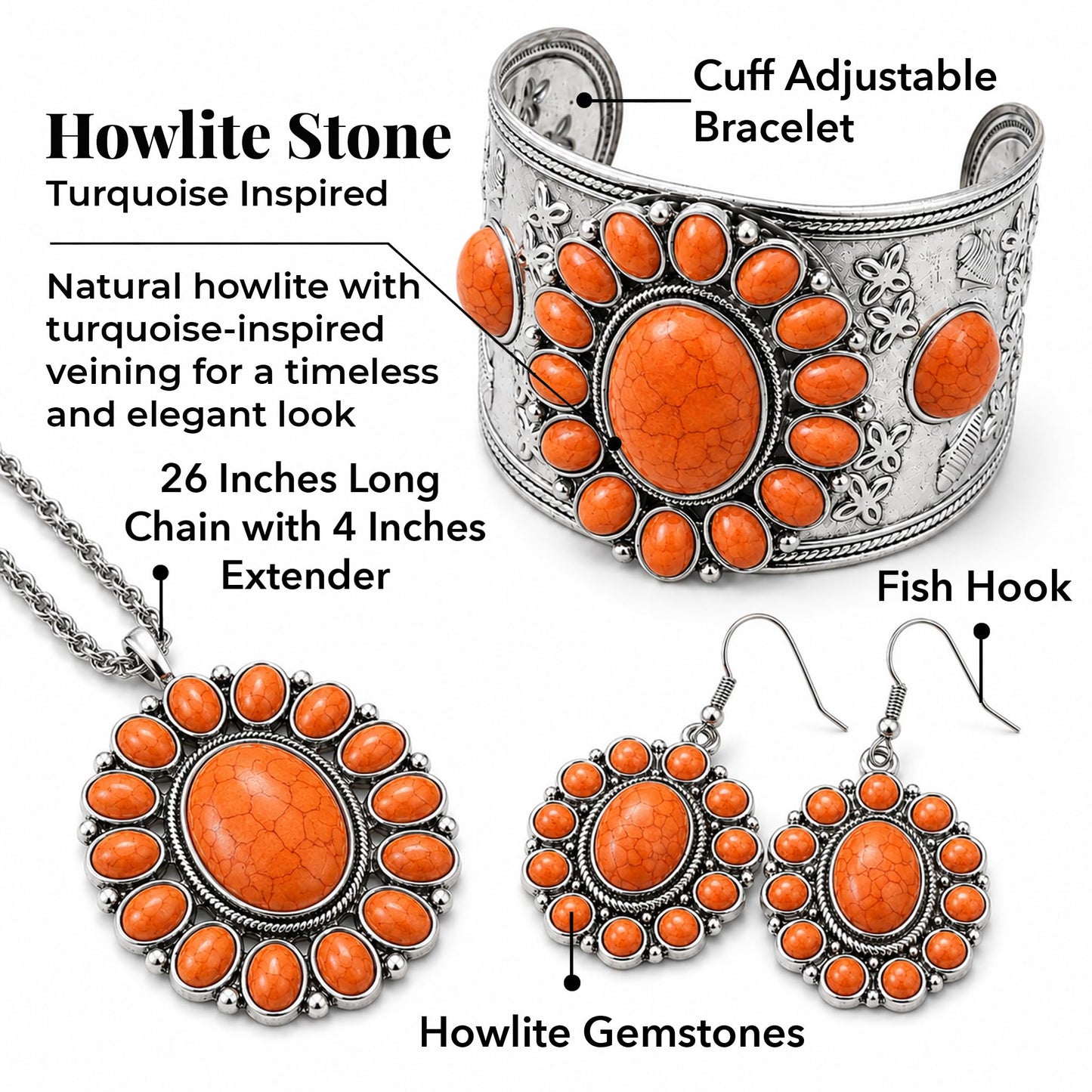 Shop LC Howlite Western Jewelry Set for Women Boho Cowgirl | 3-Piece Necklace Bracelet Earrings, Turquoise-Inspired, Chunky Statement, Southwestern