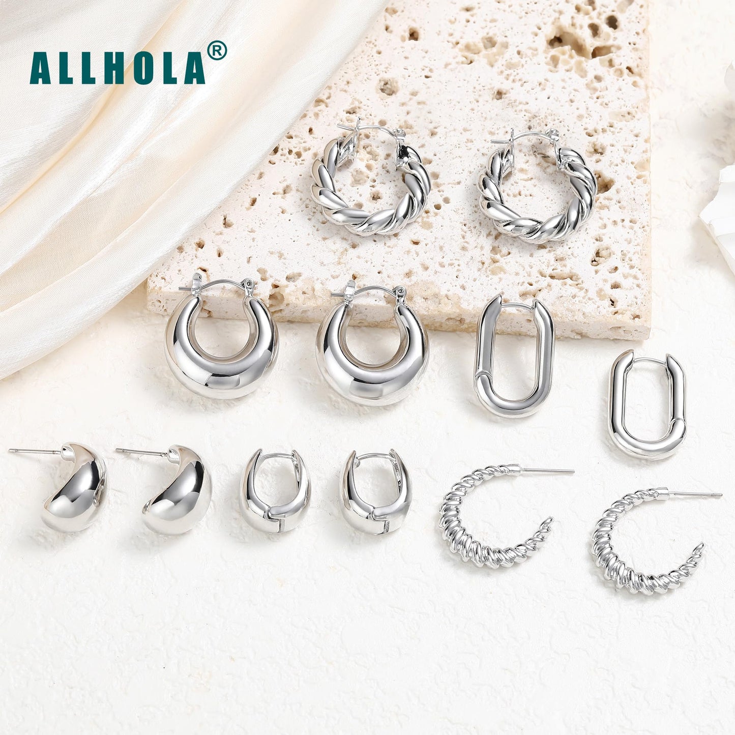 ALLHOLA 6 Pairs 14K Gold Plated Hoop Earrings for Women Trendy Chunky Lightweight Hoop Earrings Multipack Hypoallergenic, Thick Twisted Huggie Hoops Earring Set Jewelry for Gifts