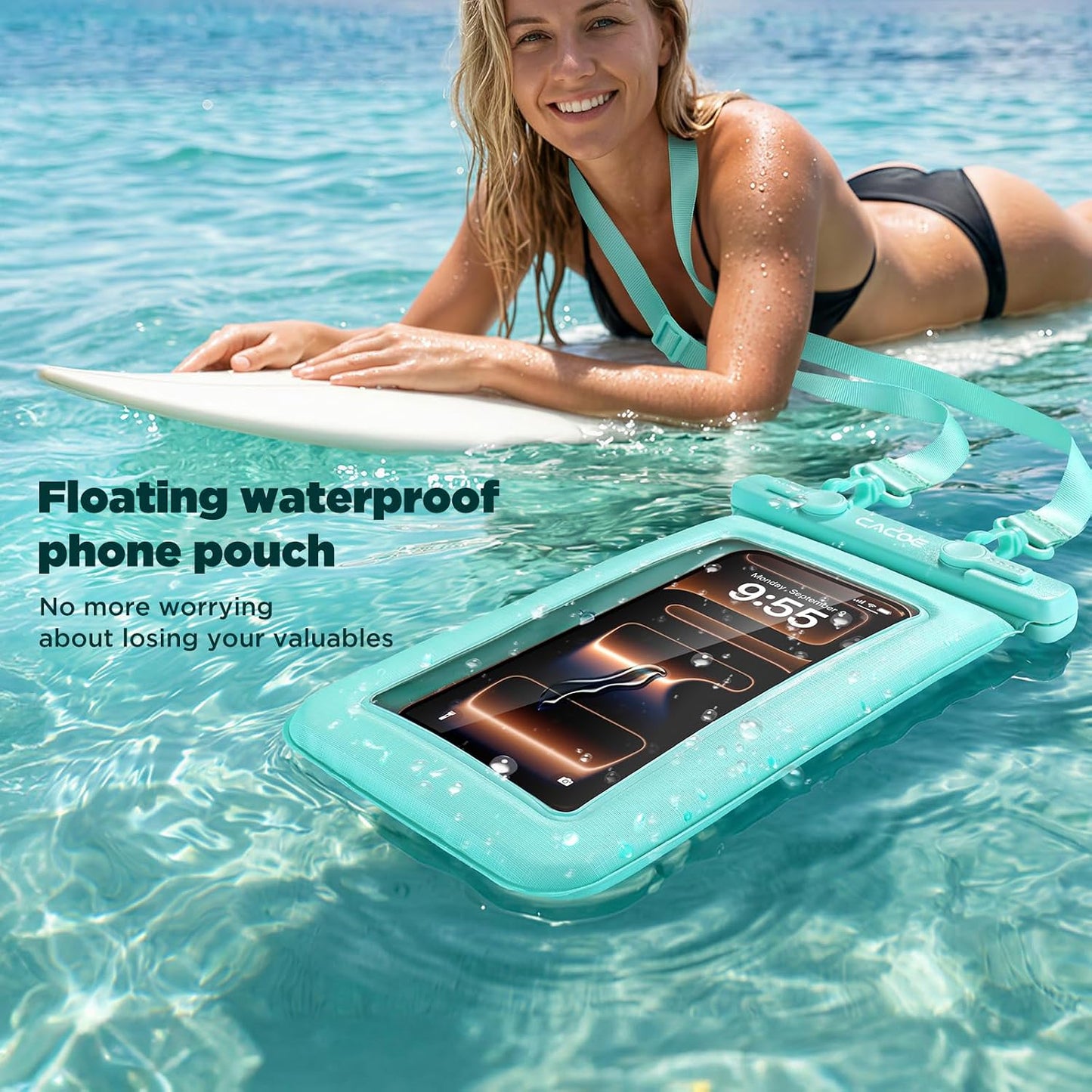 CACOE Floatable Waterproof Phone Pouch 2 Pack Up to 9.0", Black+Green | Floatable, IPX8 Waterproof Phone Case,Adjustable Lanyard,Dry Bags for Beach/Cruise/Travel/Camping/Kayak/Vacation Essentials