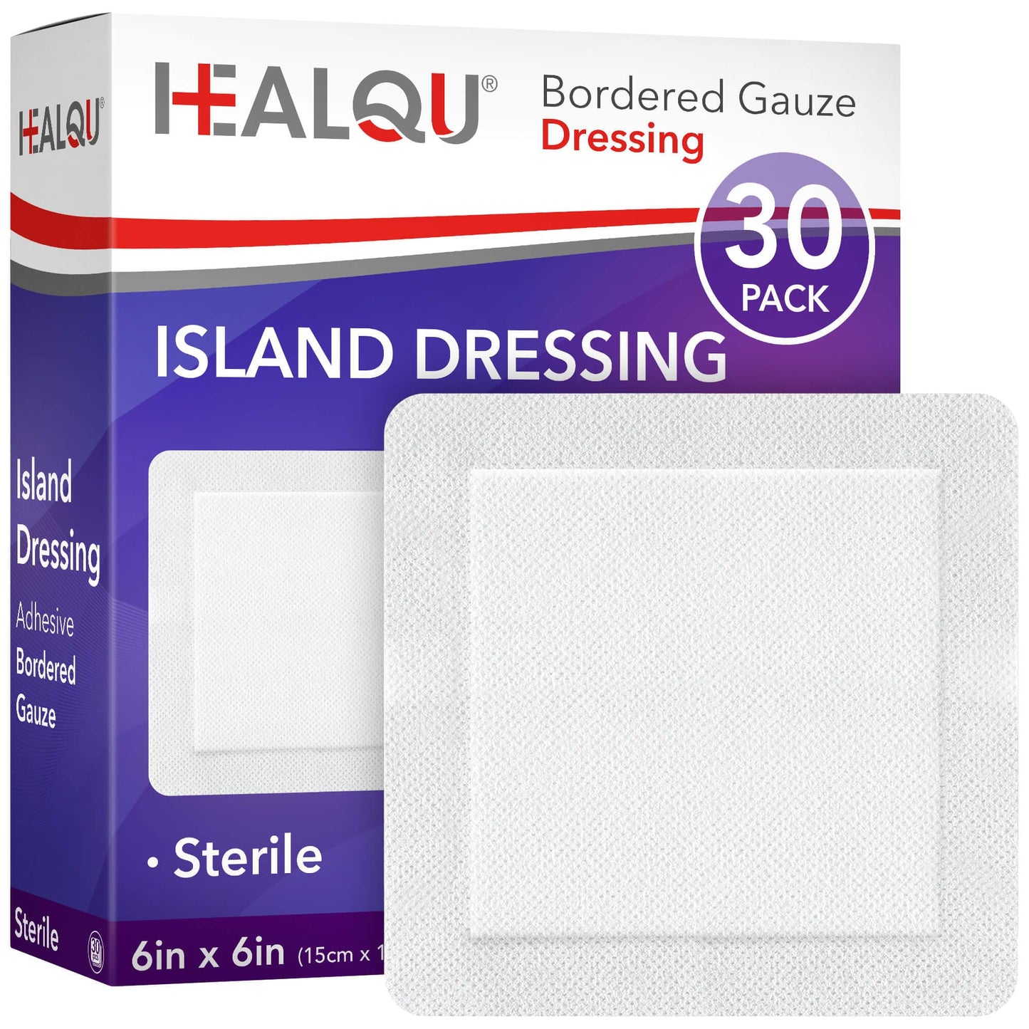 HEALQU Island Dressing - 4"x4", 30 Count - Bordered Gauze Sterile Individually Wrapped Gauze Pads, Water-Resistant, Non-Woven Backing - Soft and Breathable Wound Dressing for First Aid and Medical | Water-Resistant, Latex-Free, High Absorbent, Adhesive Bo