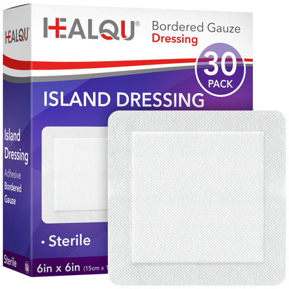 HEALQU Island Dressing - 4"x4", 30 Count - Bordered Gauze Sterile Individually Wrapped Gauze Pads, Water-Resistant, Non-Woven Backing - Soft and Breathable Wound Dressing for First Aid and Medical | Water-Resistant, Latex-Free, High Absorbent, Adhesive Bo