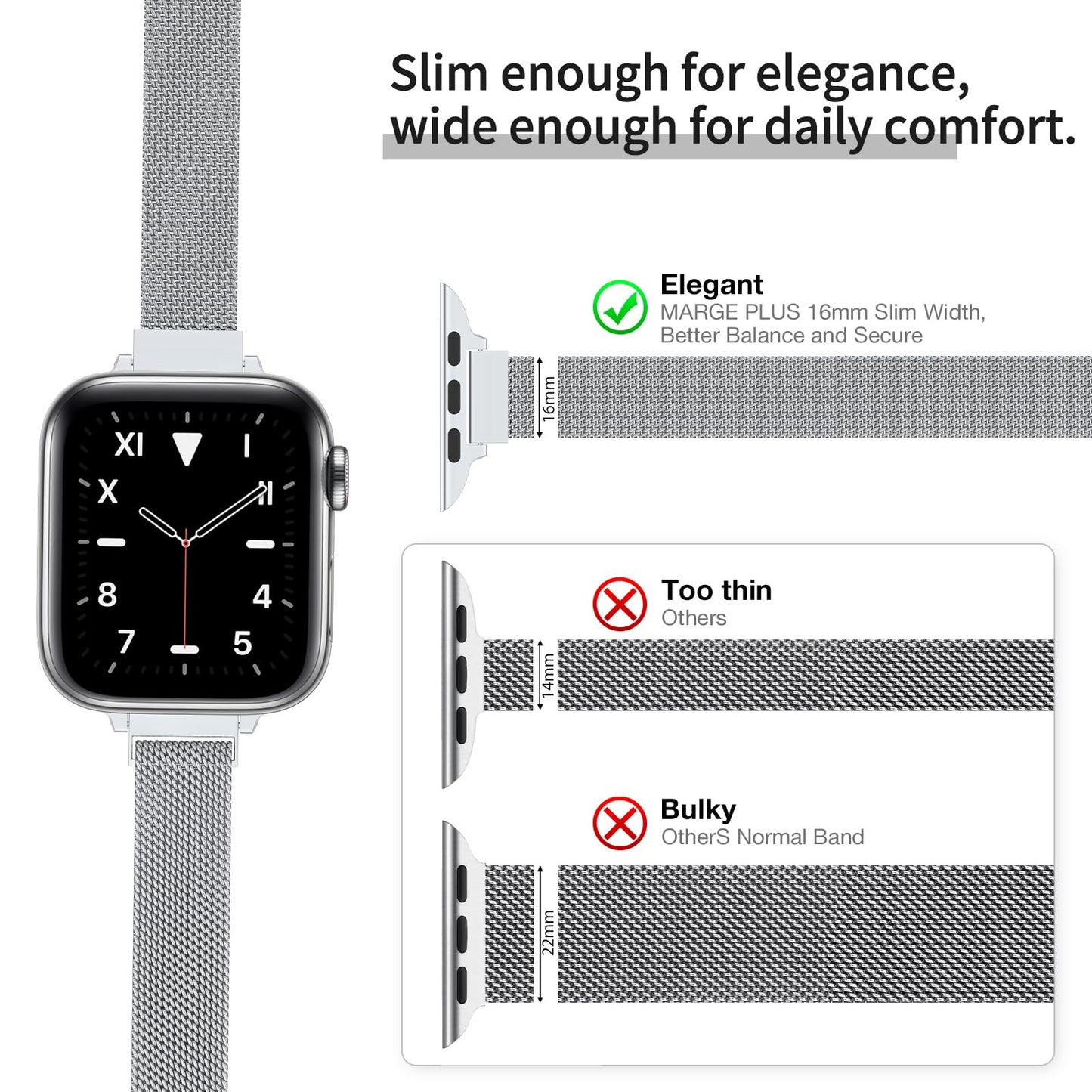 MARGE PLUS Slim Milanese Loop Compatible with Apple Watch Band for women 41mm 40mm 38mm 42mm 46mm 45mm 44mm, Stainless Steel Magnetic Mesh Strap work on iWatch Series 11 10 9 8 7 6 5 4 3 & SE 3 2 1