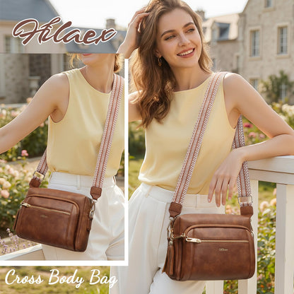 Small Leather Crossbody Bags for Women Anti theft Purses and Handbag Shoulder Hangbag with Wide Strap Tassel