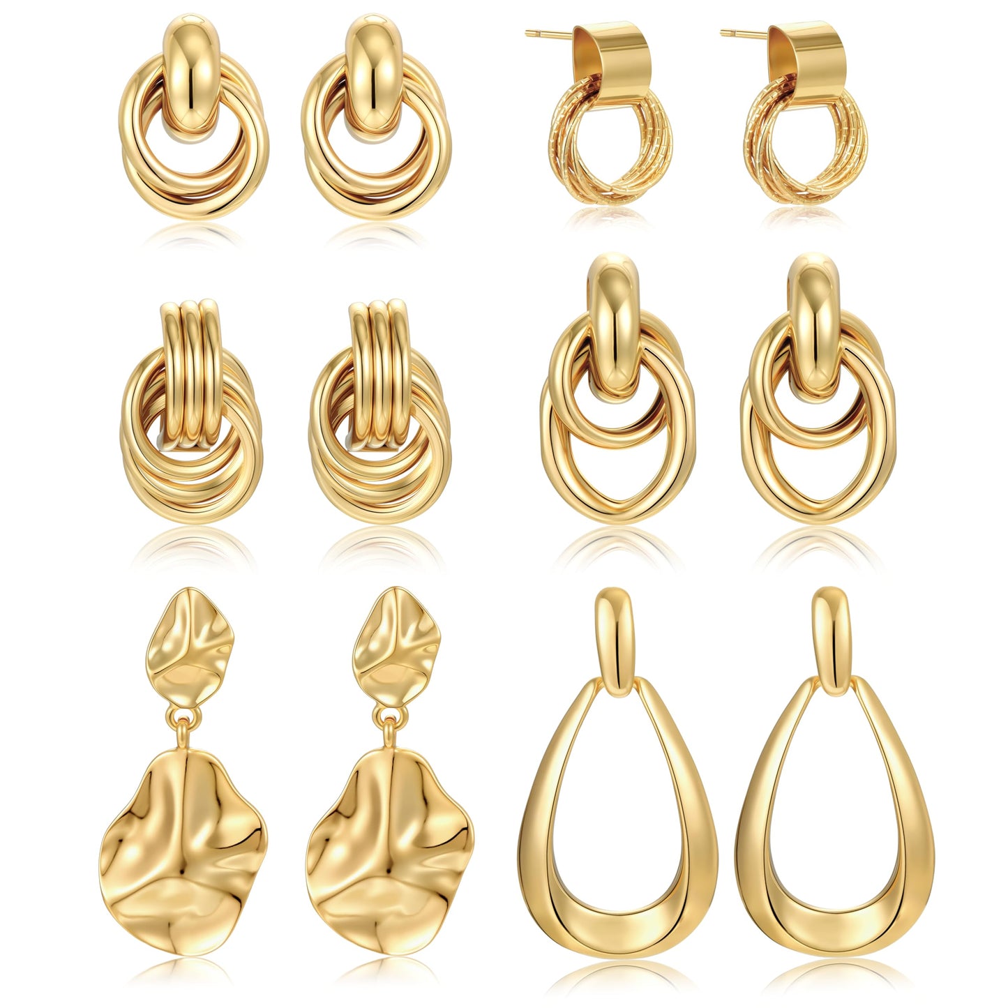 6 Pairs Chunky Gold Earrings for Women Gold Plated Knot Earrings Trendy Statement Drop Dangle Teardrop Lightweight Hypoallergenic Fashion Accessories Jewelry Set Gifts for Women