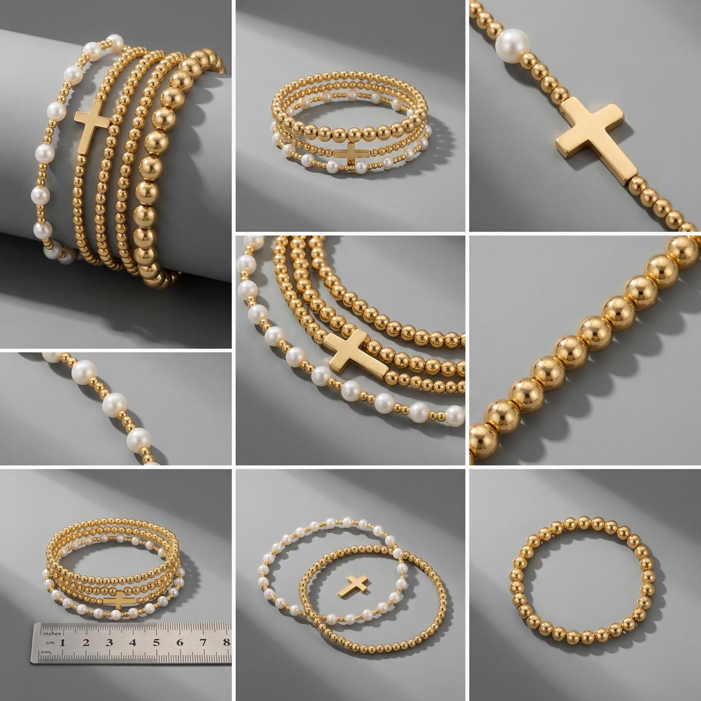 14K Gold Plated Pearl Beaded Cross Bracelets Stack Set for Women,Stretch Boho Colorful Christian Beads Ball Jewelry Friendship Summer Trendy Gift