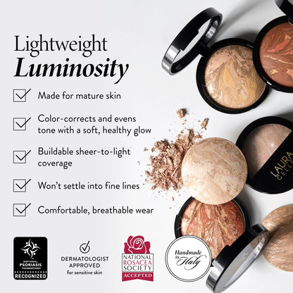 LAURA GELLER NEW YORK Baked Balance-n-Glow Illuminating Powder Foundation – Toffee – Handmade in Italy – Pearl-Infused Satin Finish – Vitamin C Brightening – Buildable Sheer Coverage – For Mature Skin